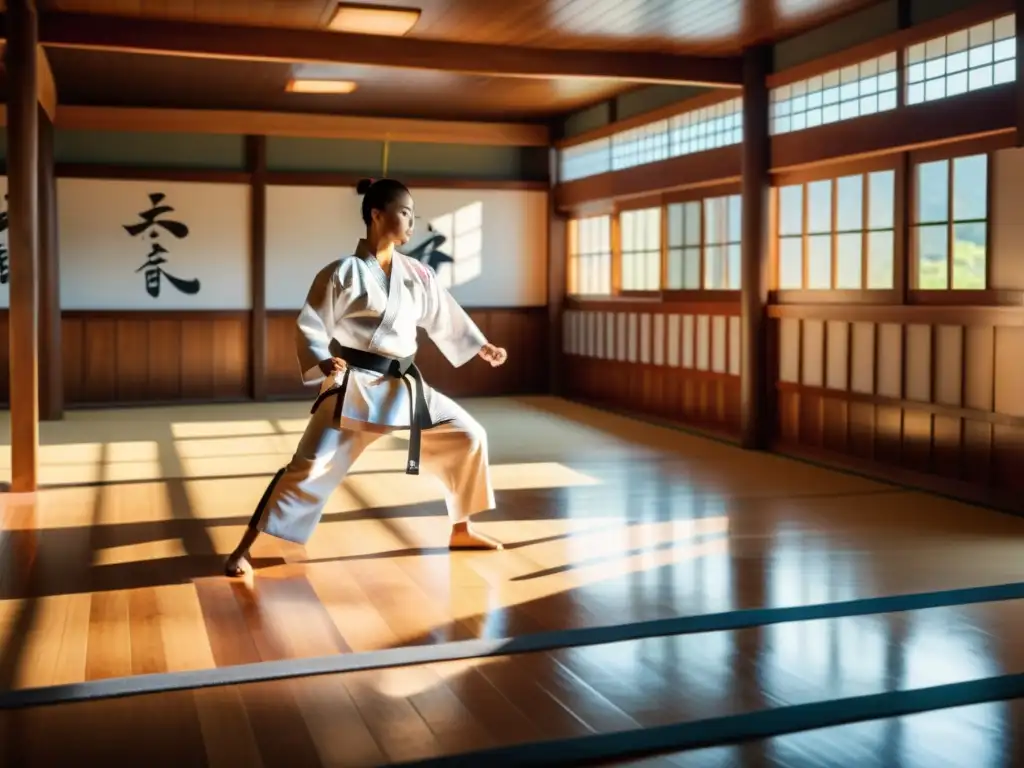 Un dojo de karate tradicional con artistas marciales practicando kata, transmitiendo disciplina y determinación