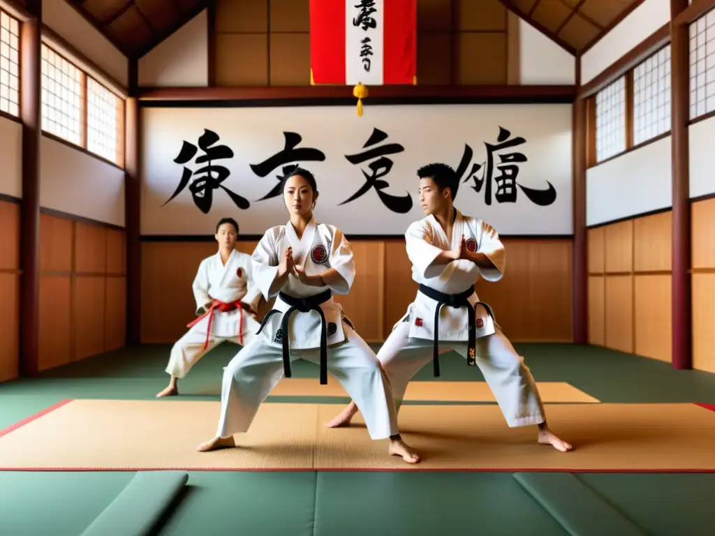 Un dojo tradicional de karate con artistas marciales en uniformes blancos realizando una kata con precisión y enfoque