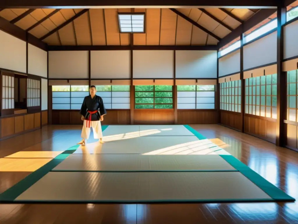 Un dojo de Karate tradicional con una atmósfera serena, donde se practican normas y etiqueta en karate dojo