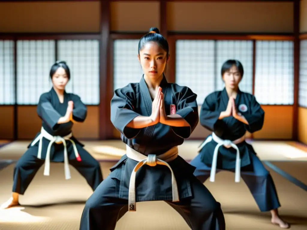 Maestros de artes marciales en dojo tradicional Un dojo tradicional con entrenadores de artes marciales demostrando técnicas, reflejando intensidad y enfoque