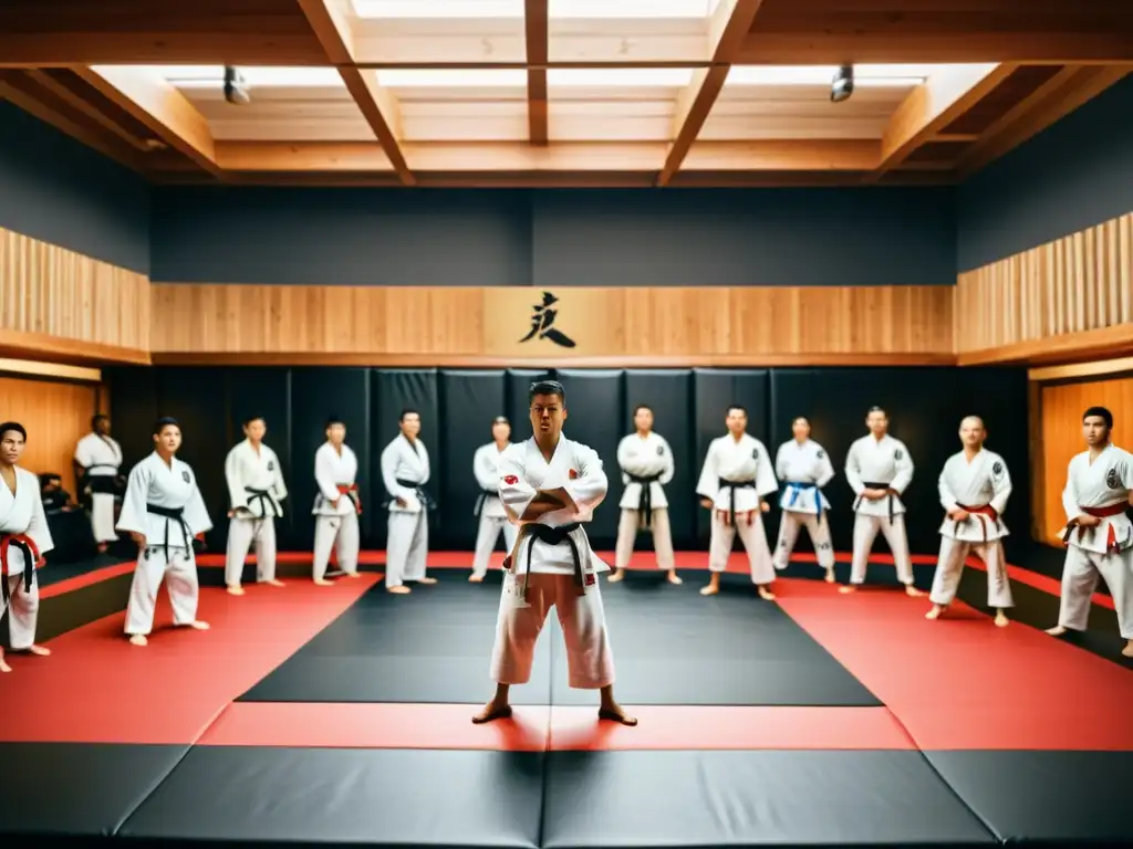 Un dojo tradicional con estudiantes practicando artes marciales y MMA en pantalla, capturando la influencia de las MMA en artes marciales