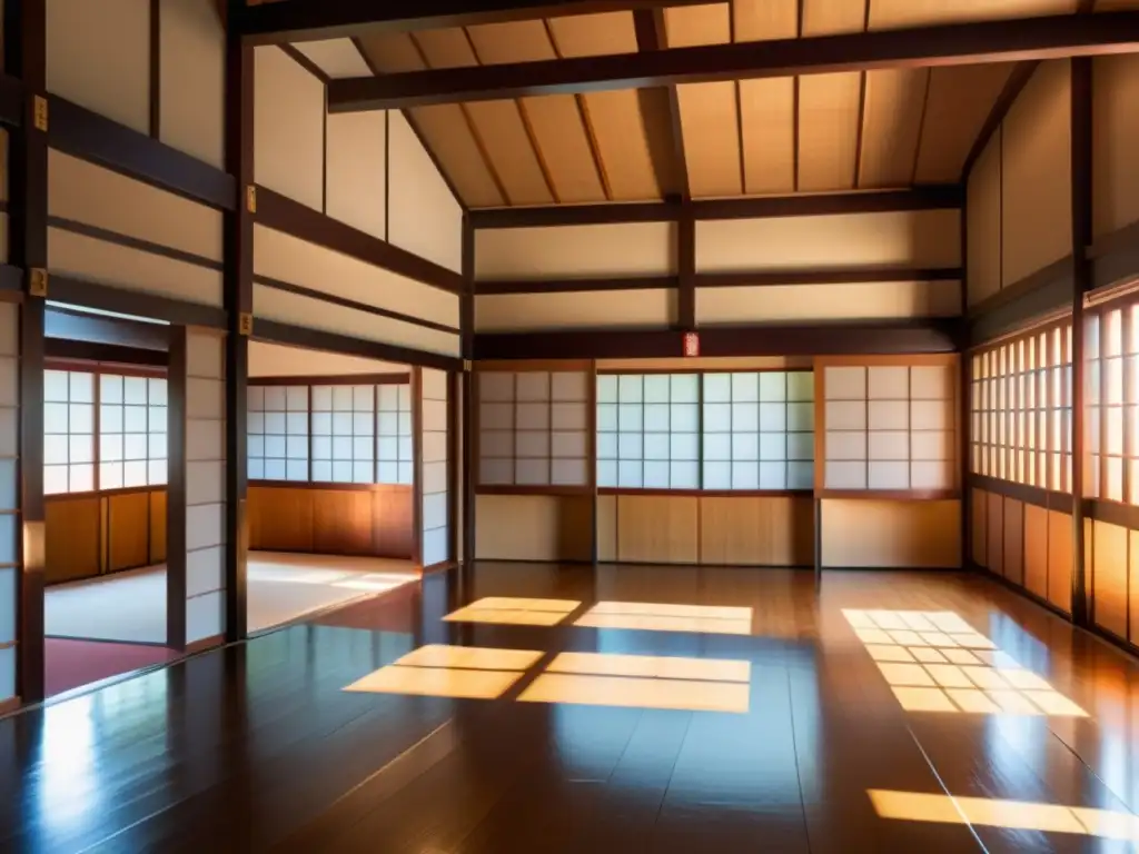 Un dojo tradicional japonés con un ambiente sereno y elegante, donde los artistas marciales practican movimientos precisos