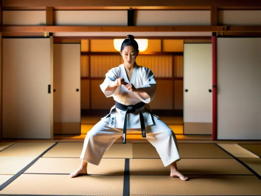 Un dojo tradicional japonés con artes marciales en un ambiente sereno y estético