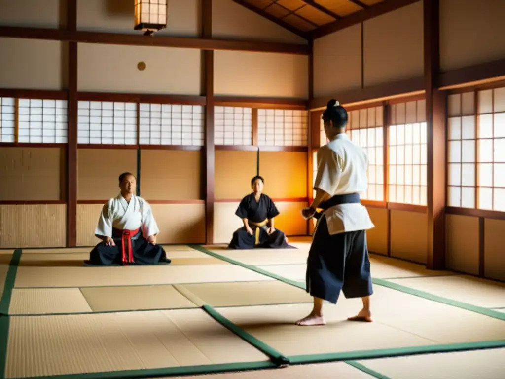 En un dojo tradicional japonés, artistas marciales practican con disciplina bajo la mirada sabia de su sensei