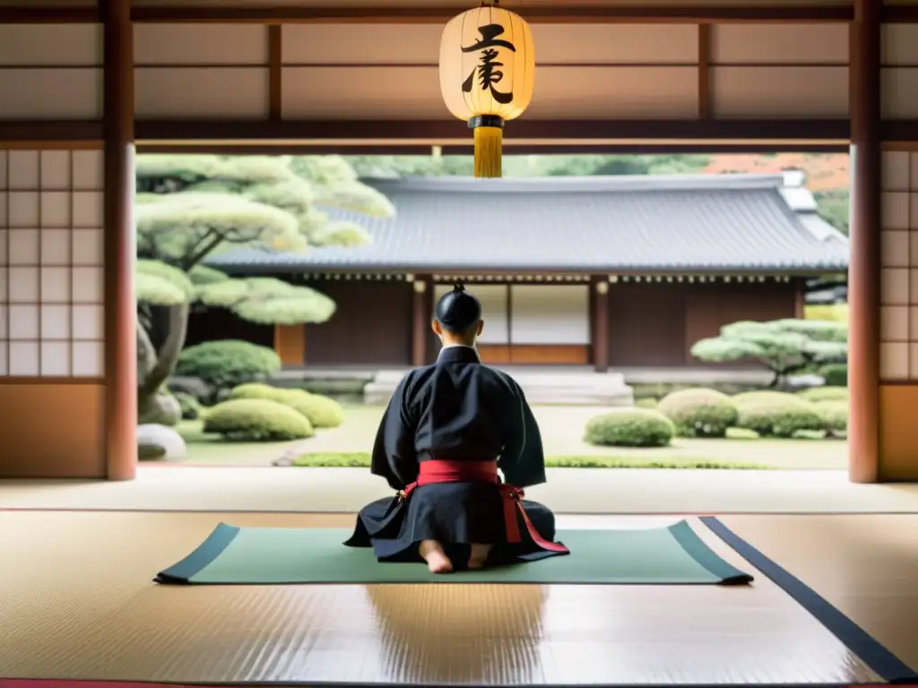 Un dojo tradicional japonés con estudiantes practicando varias técnicas, reflejando los orígenes y evolución de artes marciales