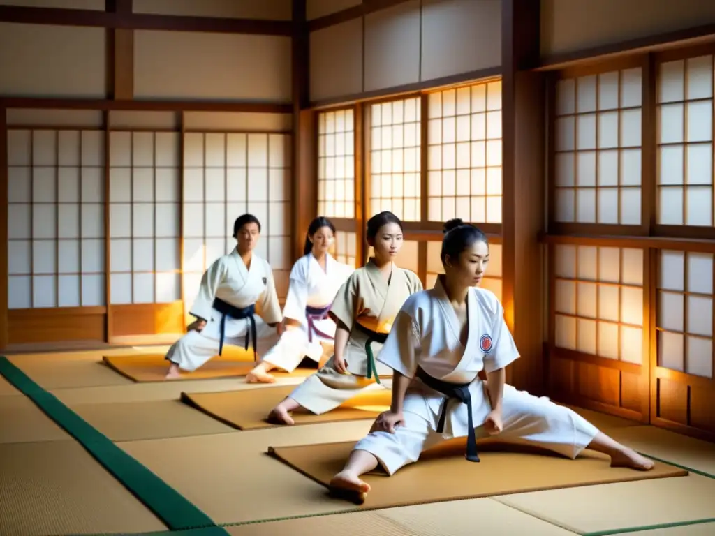 Un dojo tradicional japonés en Tokio con practicantes de judo en un intenso entrenamiento