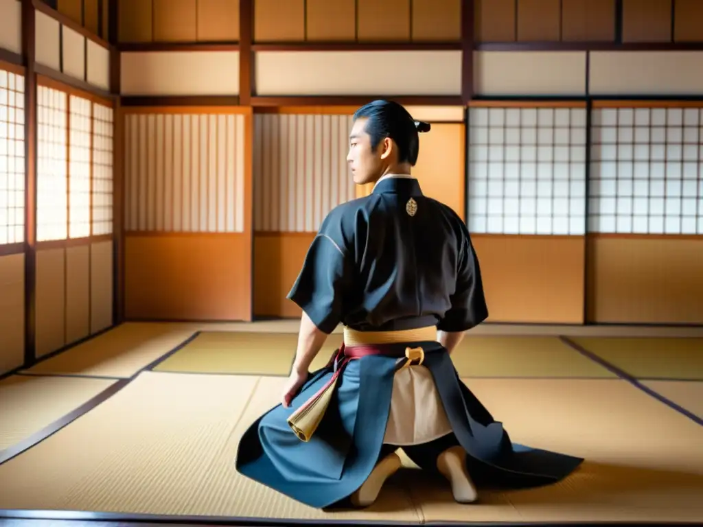 Un dojo tradicional japonés con samuráis y un sensei demostrando técnicas de aikido, capturando los principios filosóficos del entrenamiento samurai