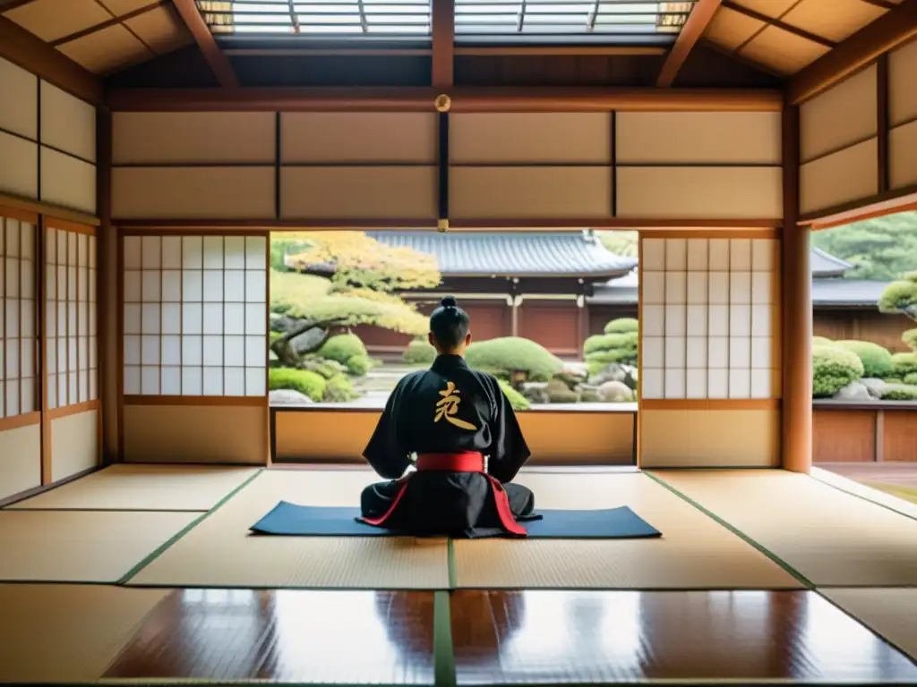 Un dojo tradicional japonés con jardín sereno, estudiantes y sensei practicando meditación y artes marciales