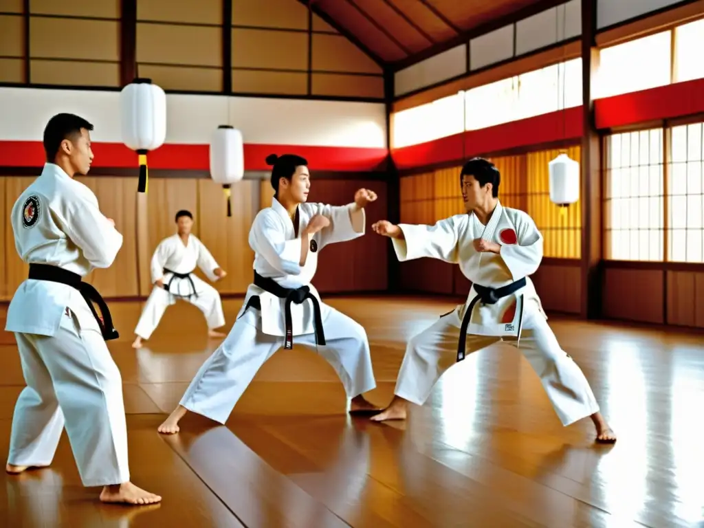 Práctica dinámica de karate en un dojo tradicional con linternas de papel