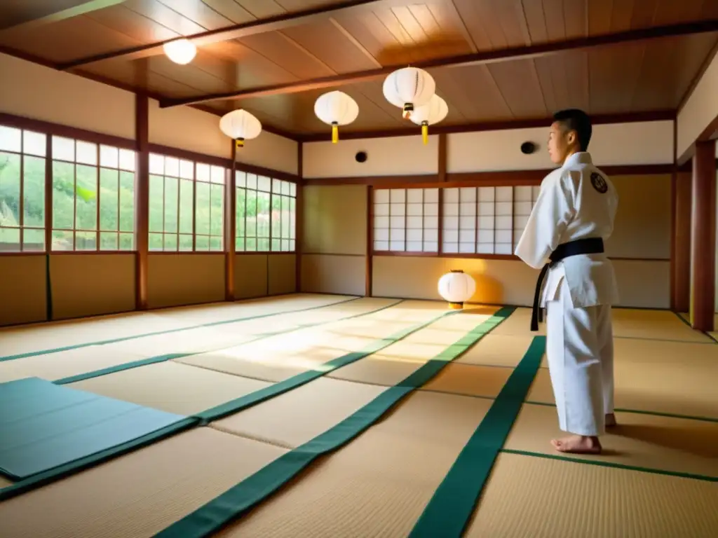 Un dojo tradicional en Okinawa con artistas marciales practicando kata, mientras el sensei observa con sabiduría