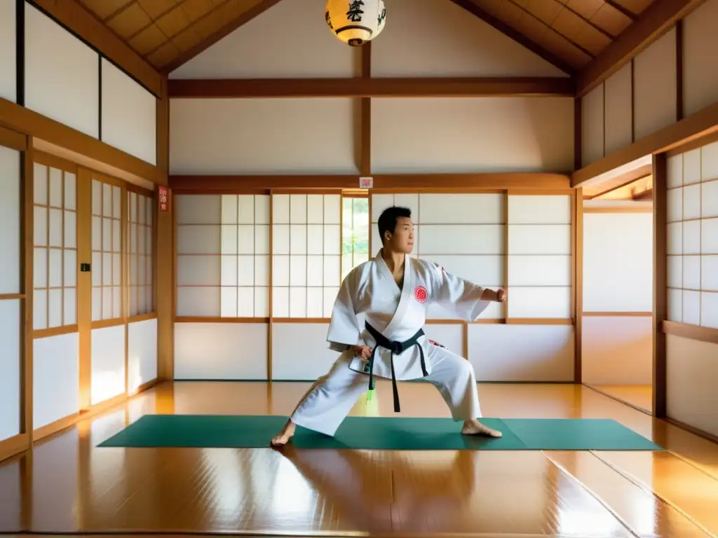 Un dojo tradicional en Okinawa con practicantes de karate realizando un kata con precisión