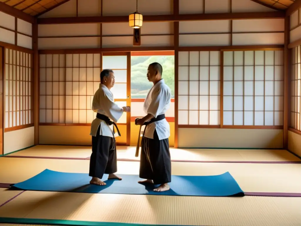 Un dojo tradicional en Okinawa, con practicantes de karate y un sabio sensei