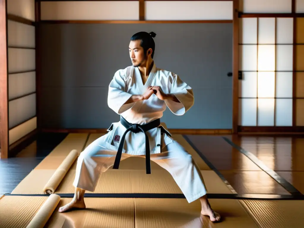 Katsuya Miyahira practica Shorinryu karate con determinación en un dojo tradicional en Okinawa