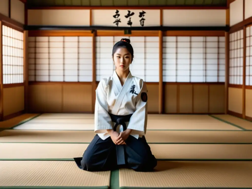 Un dojo tradicional de karate, con un sensei y estudiantes practicando katas en sincronización