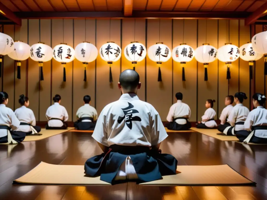 En un dojo tranquilo, estudiantes y maestro meditan