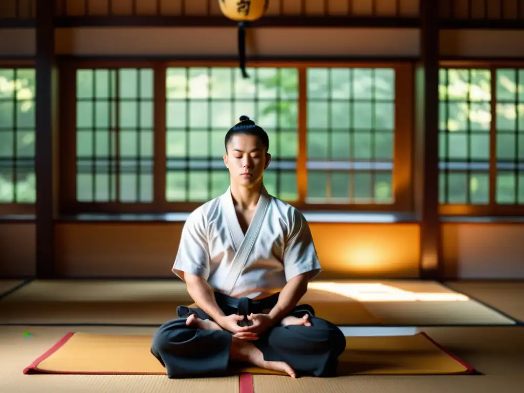 'Un dojo tranquilo con luz dorada, artistas marciales practican en segundo plano