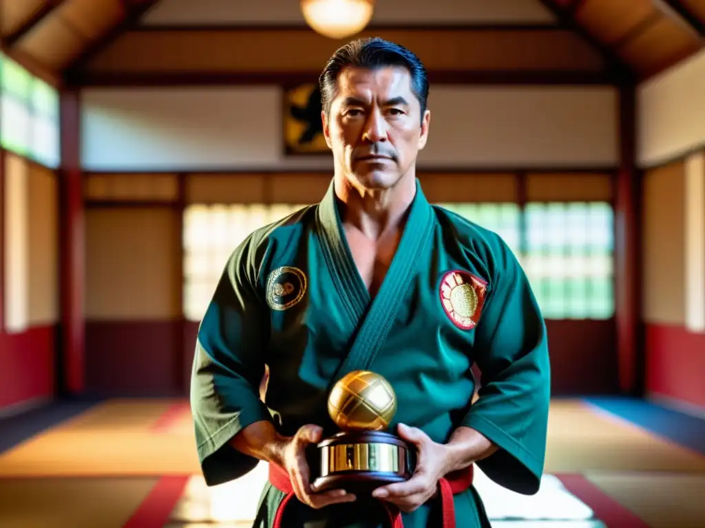 Frank Dux, inspiración en Bloodsport, se destaca en el dojo con trofeo de campeón, emanando determinación y respeto