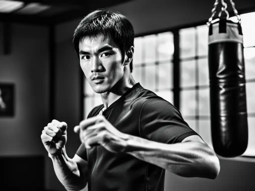 Bruce Lee practica Jeet Kune Do con determinación en un dojo