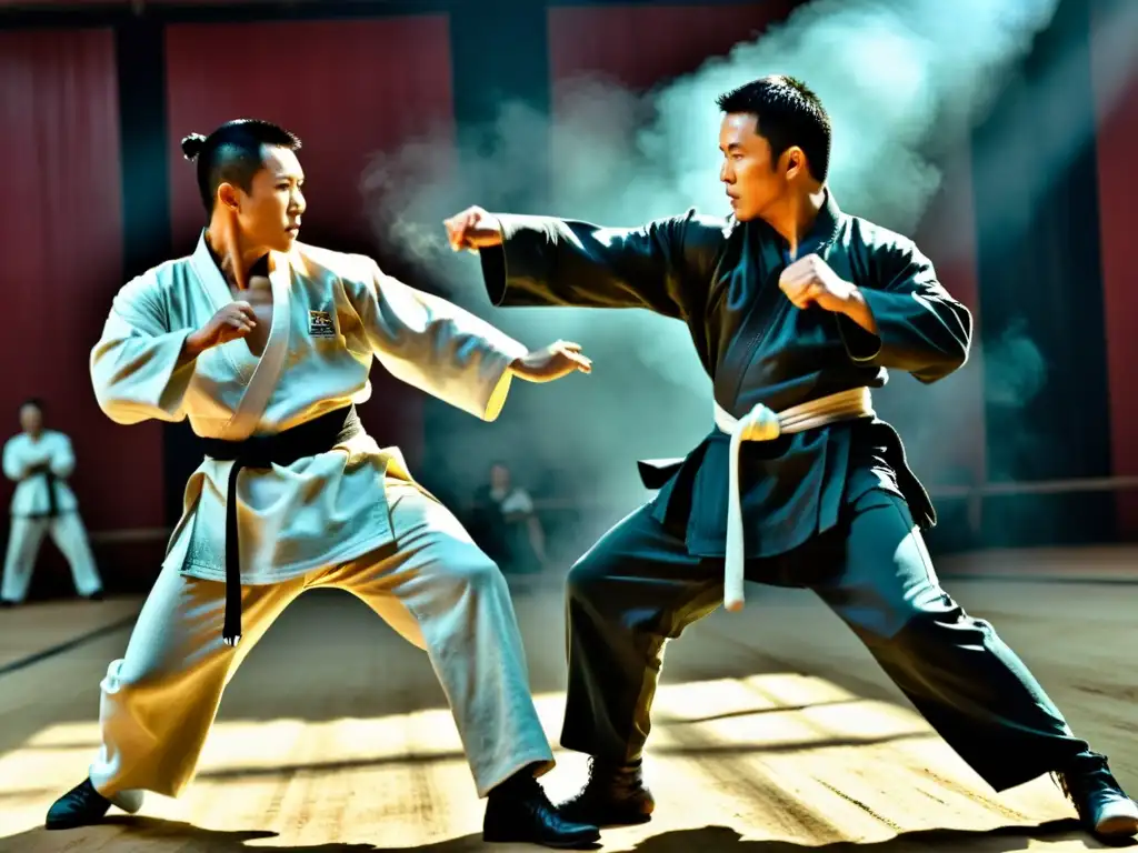 Jet Li y Donnie Yen en intensa batalla de artes marciales, mostrando sus estilos con precisión y poder