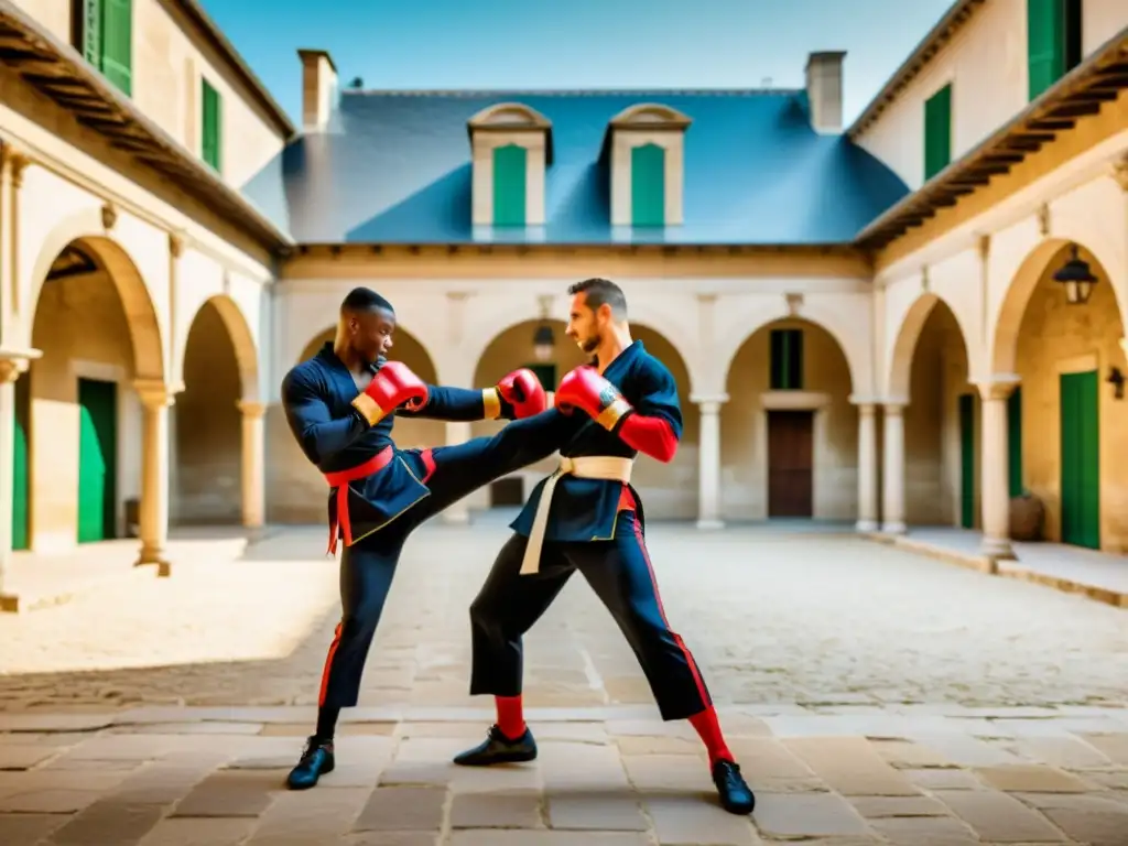 Exhibición de Savate: elegancia francesa en un patio histórico con movimientos precisos y elegantes