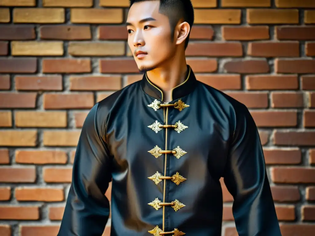 Un elegante uniforme de Kung Fu tradicional, con detalles de bordado dorado, sobre un maniquí de madera con fondo de ladrillo envejecido