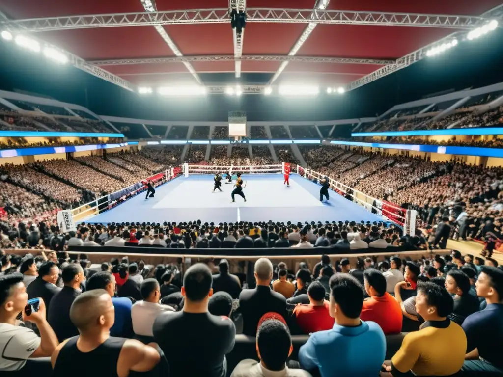 Emocionante arena de artes marciales con intensa batalla y multitud vibrante