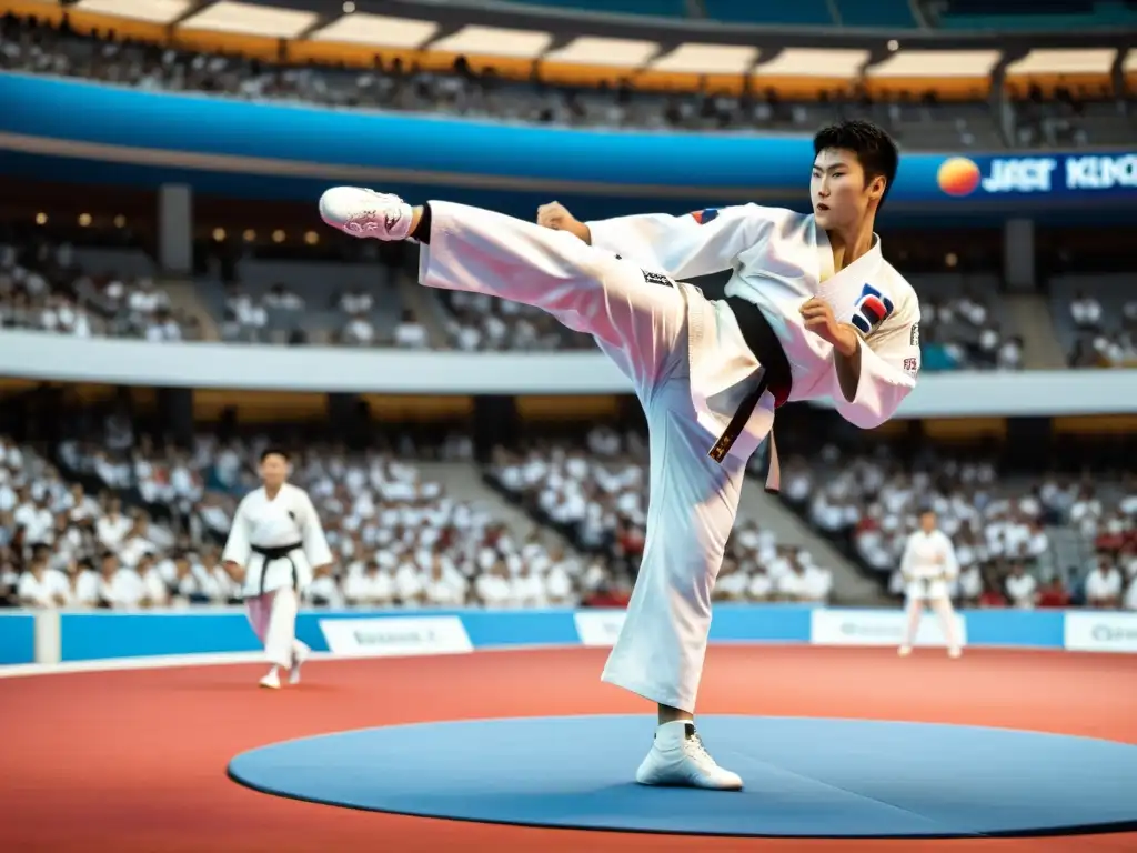 Un emocionante campeonato mundial de taekwondo, con atletas ejecutando potentes patadas mientras la multitud anima con entusiasmo