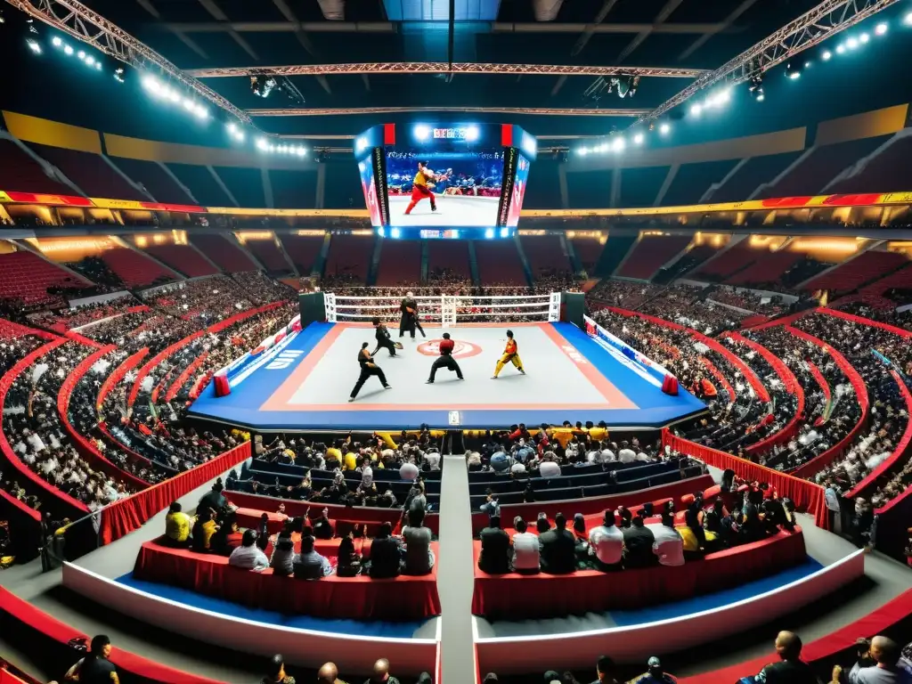 Emocionante combate de artes marciales en vivo con una multitud entusiasta en una arena iluminada y repleta