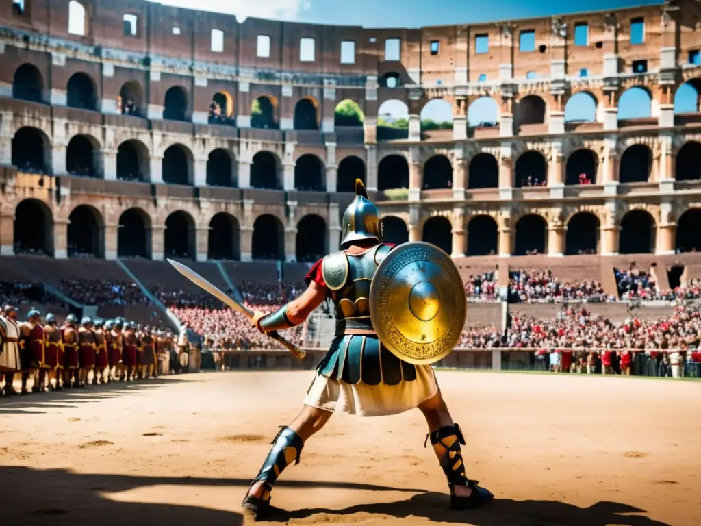 Emocionante combate de gladiadores en el Coliseo romano, evocando la historia y los ejércitos romanos en combate cuerpo a cuerpo