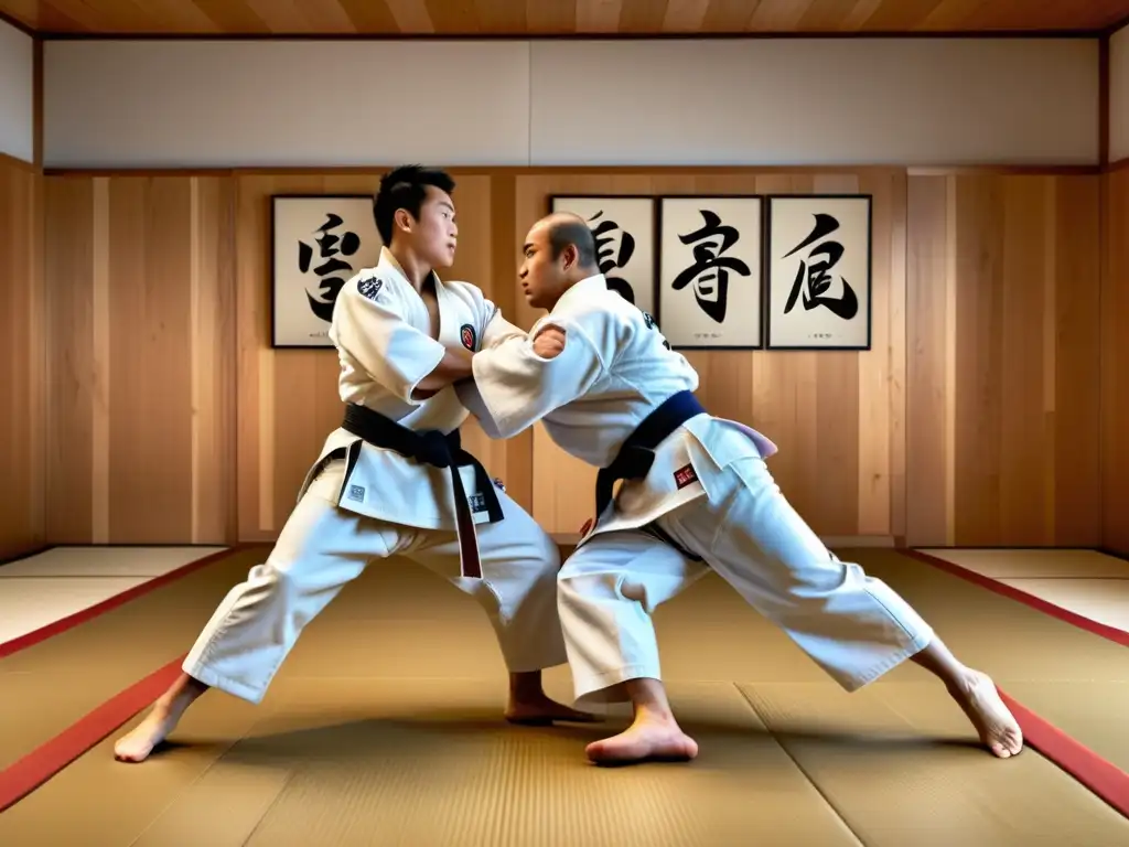 Emocionante combate de judo en un dojo japonés, fusionando tradición y modernidad