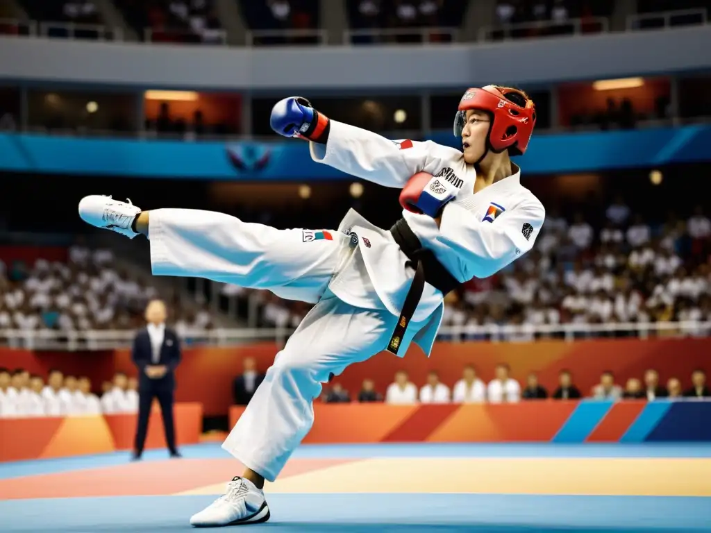 Emocionante combate de Taekwondo en los Juegos Olímpicos, con atletas en pleno salto ejecutando una patada