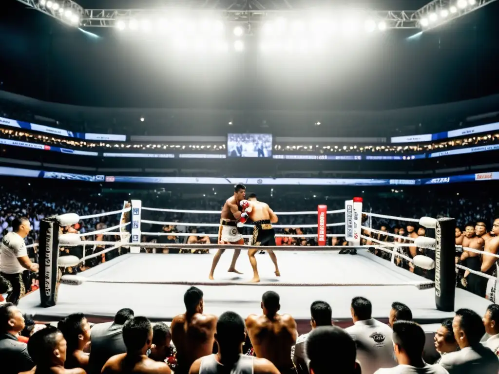 Emocionante combate de Títulos mundiales Muay Thai historia en un estadio lleno en Tailandia, con luchadores en pleno enfrentamiento y una multitud eufórica de fondo