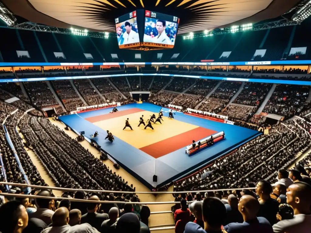 Emocionante competencia de artes marciales en estadio lleno, ideal para promoción eventos artes marciales streaming