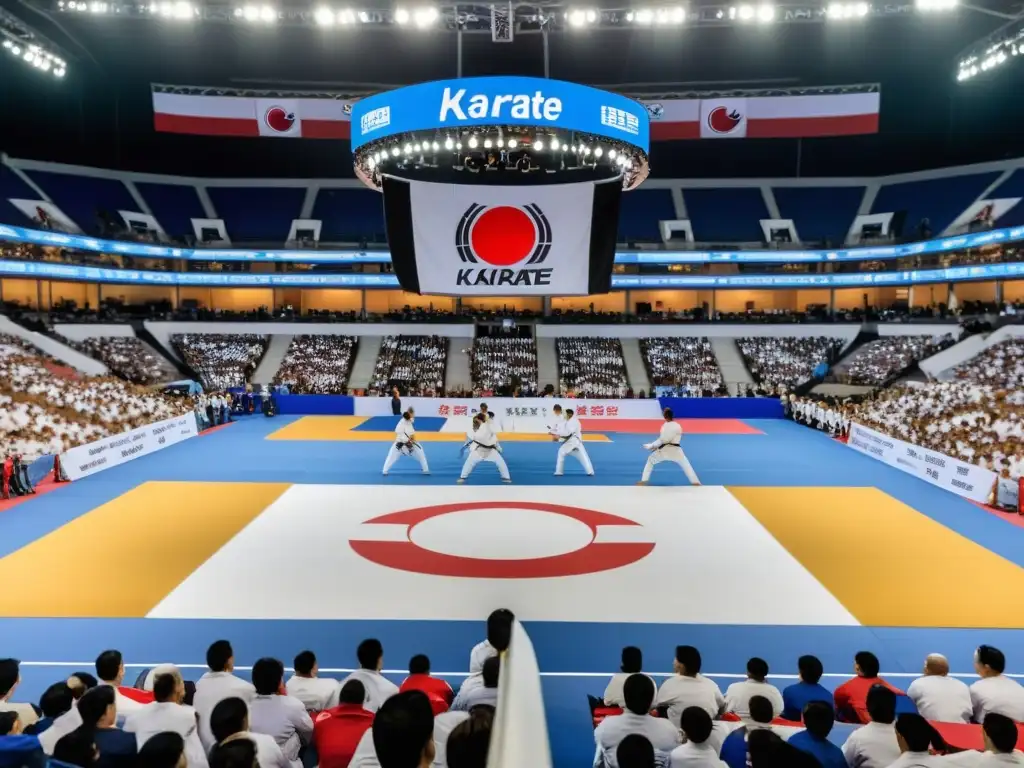 Emocionante competencia de karate con público animado y merchandising oficial de karate