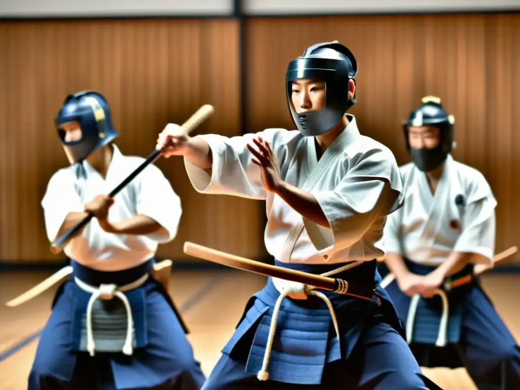 Un emocionante demostración de kata de kendo en un dojo tradicional, capturando la cultura y disciplina del kendo con intensidad y precisión