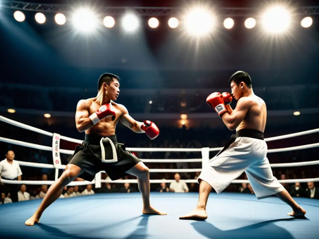 Un emocionante enfrentamiento en un evento de artes marciales exclusivos, capturando la intensidad y energía del combate en un repleto estadio