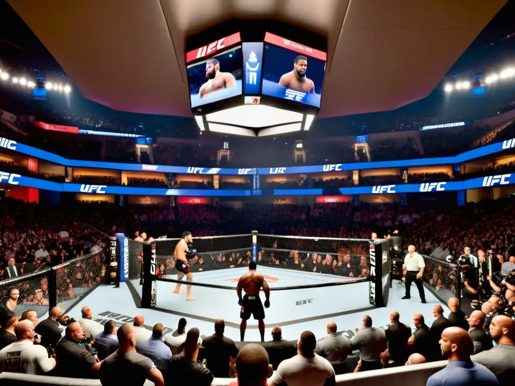 Combate épico en UFC: Energía electrizante y pasión desbordante Emocionante enfrentamiento en octágono de UFC, con público apasionado y luchadores en acción