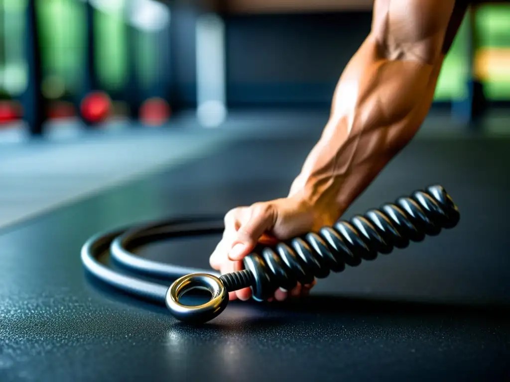 Un emocionante entrenamiento de cuerdas de salto de alto rendimiento en un dojo de artes marciales, mostrando determinación y disciplina