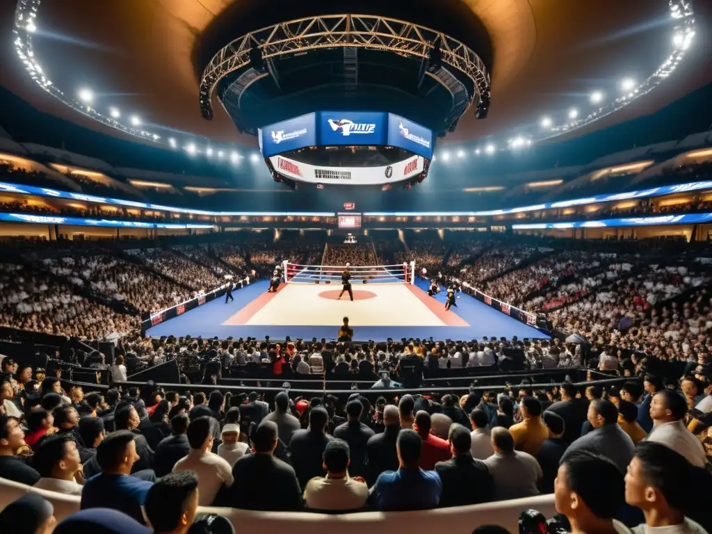 Un emocionante espectáculo de artes marciales en vivo, con un maestro en el centro del ring y una multitud entusiasta en una arena oscura