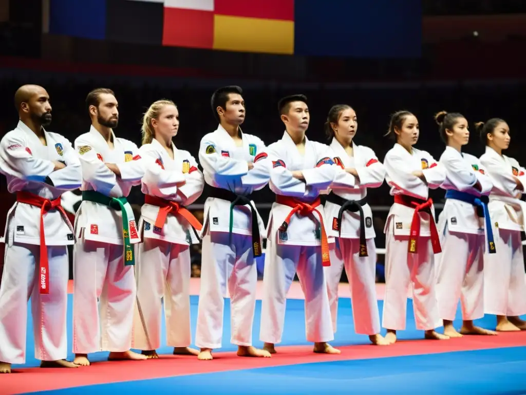 Un emocionante espectáculo de karate en los Campeonatos Mundiales, con competidores de diferentes países demostrando sus habilidades en el escenario