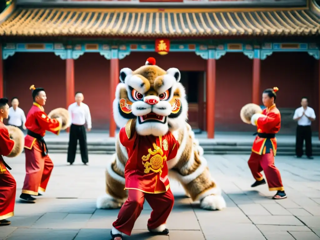 Un emocionante espectáculo de la danza del león en un patio chino tradicional, con coloridos trajes y movimientos dinámicos