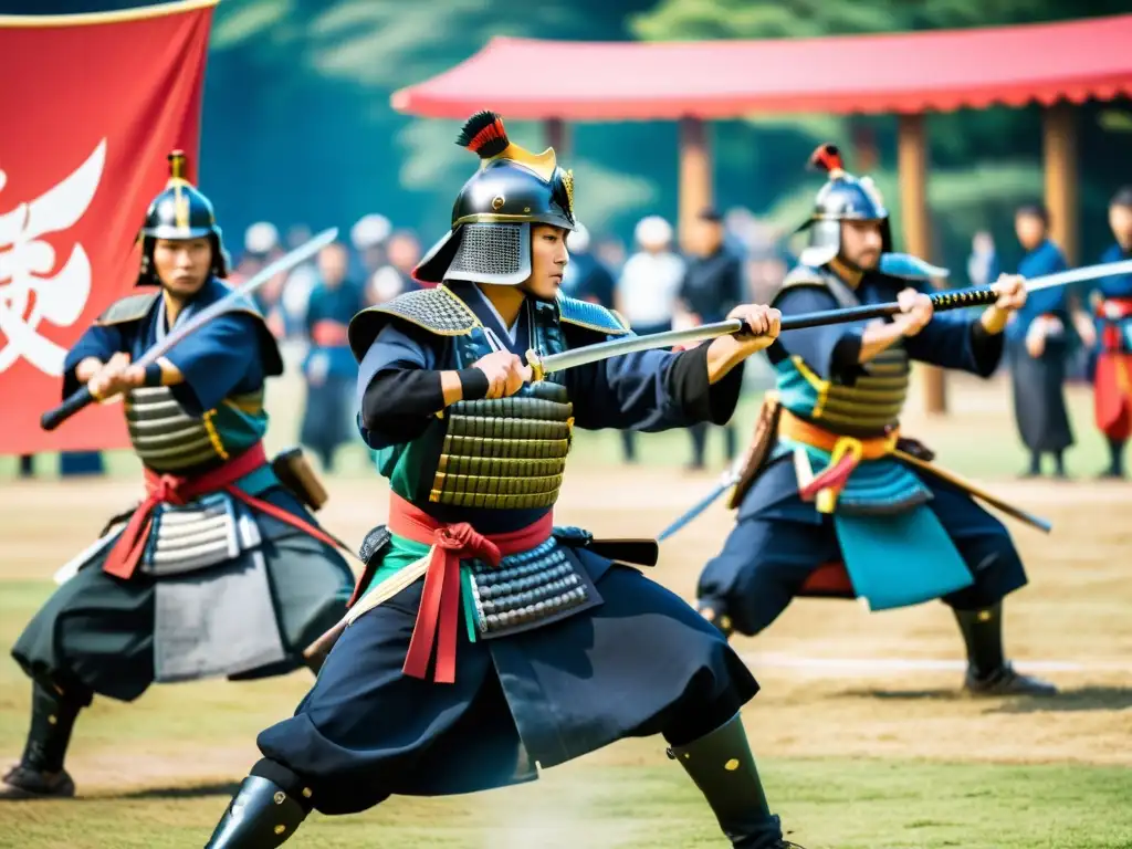 Un emocionante espectáculo de kenjutsu en un festival japonés, con samuráis en armadura y katanas