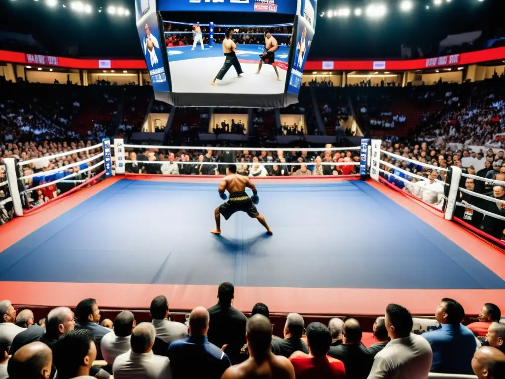 Emocionante evento de artes marciales PayPerView con luchadores en acción y una multitud eufórica