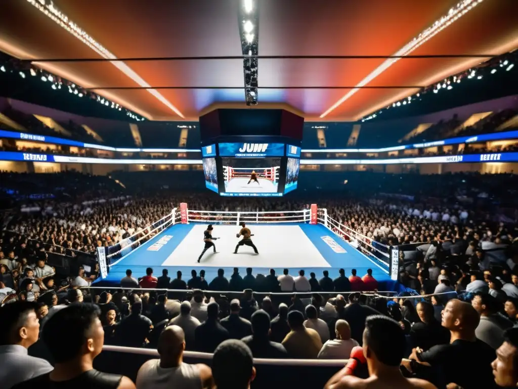 Emocionante evento de artes marciales en streaming con una intensa pelea en el centro del ring, capturando la pasión y la emoción de los fans