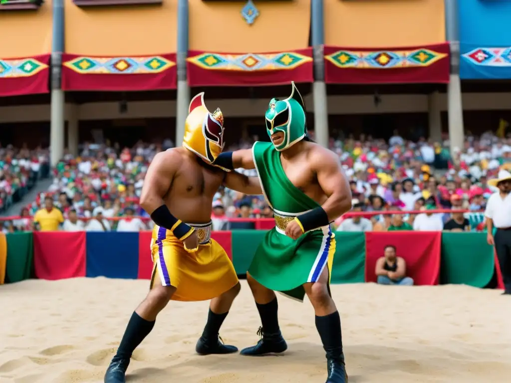 Un emocionante festival de artes marciales mexicanas con luchadores en trajes tradicionales, realizando técnicas de lucha libre