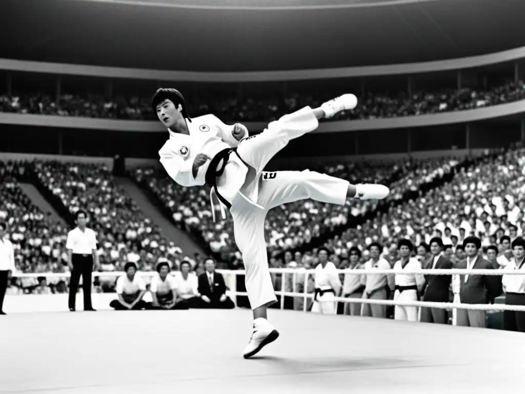 Emocionante historia del primer Campeonato Mundial de Taekwondo en 1973, con competidores en plena acción en un estadio lleno de espectadores animando