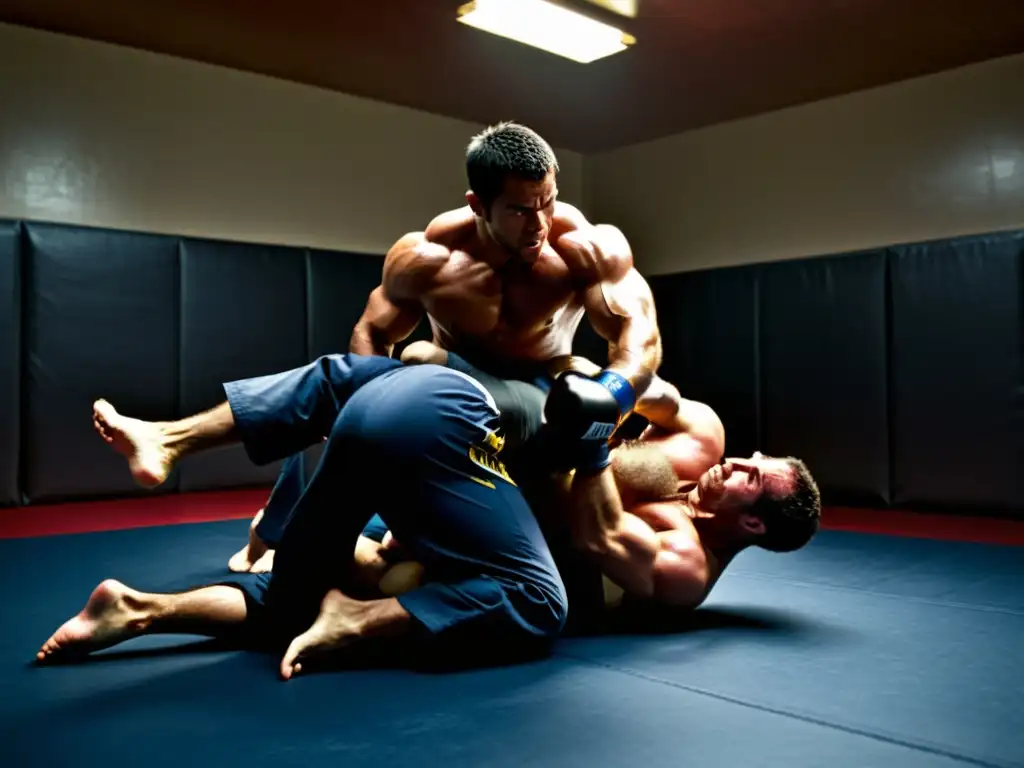 Representación emocionante del jiujitsu brasileño en películas: intensa escena de lucha en un dojo, con iluminación dramática y luchadores sudorosos