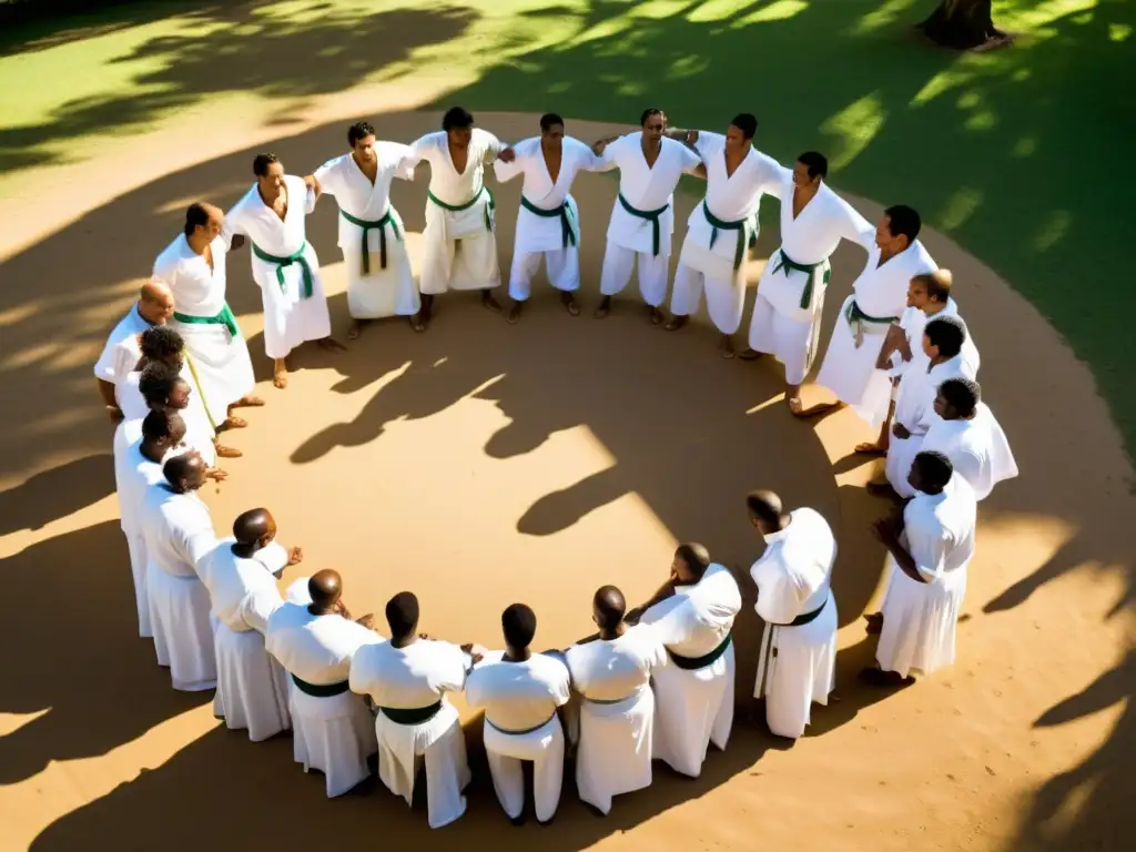 Un emocionante juego de capoeira en una roda, con movimientos fluidos y expresiones intensas