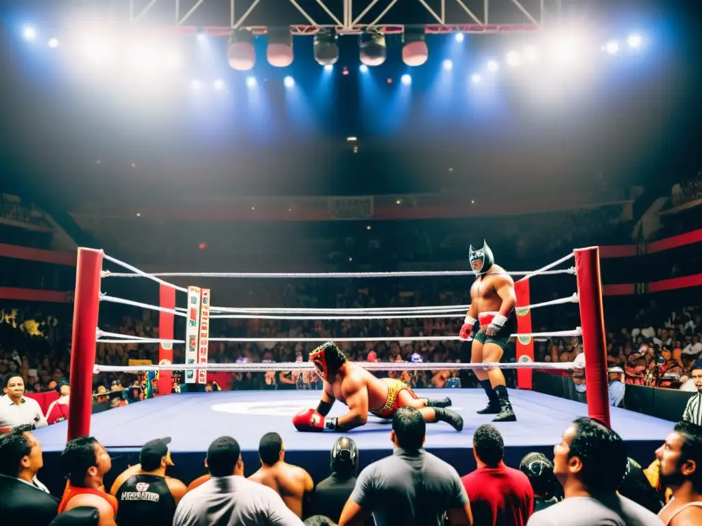 'Emocionante lucha libre en México con influencia cultural, máscaras coloridas, acrobacias y espectadores apasionados