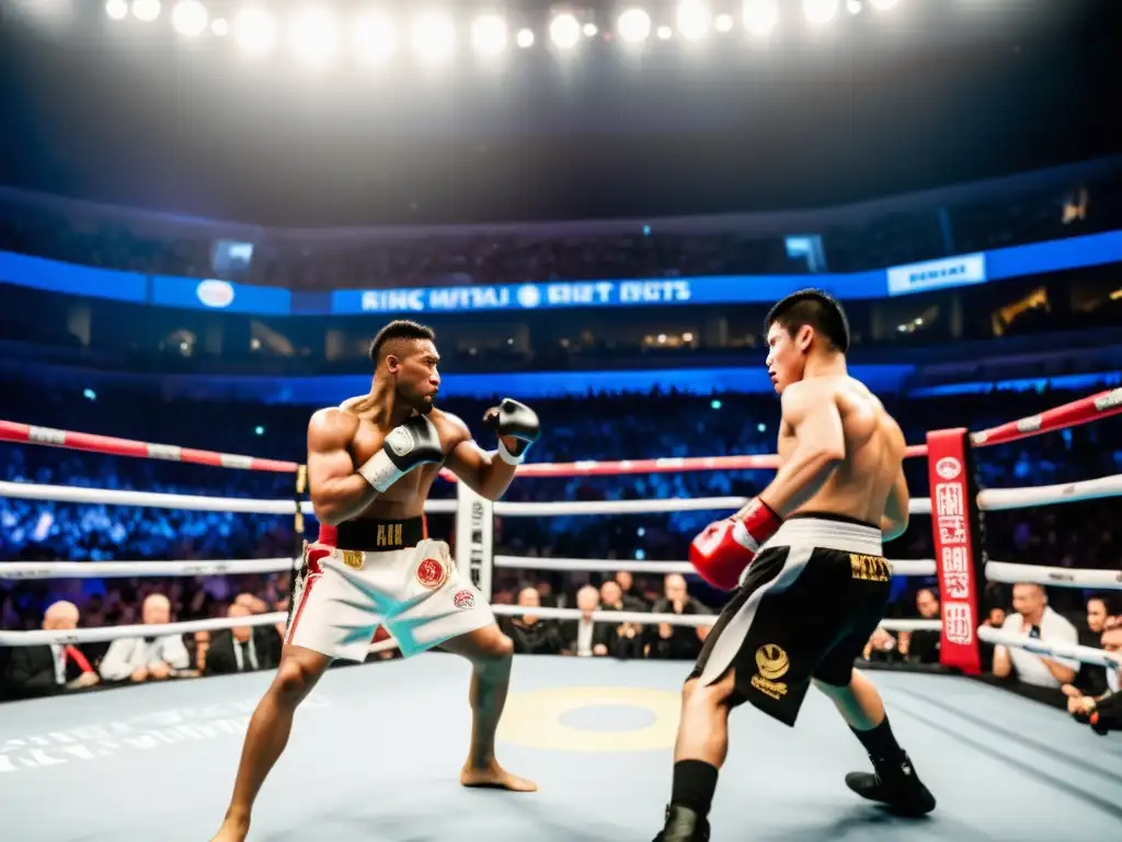 Emocionante pelea de artes marciales en un evento en vivo, con movimientos dinámicos de luchadores y una multitud emocionada al fondo